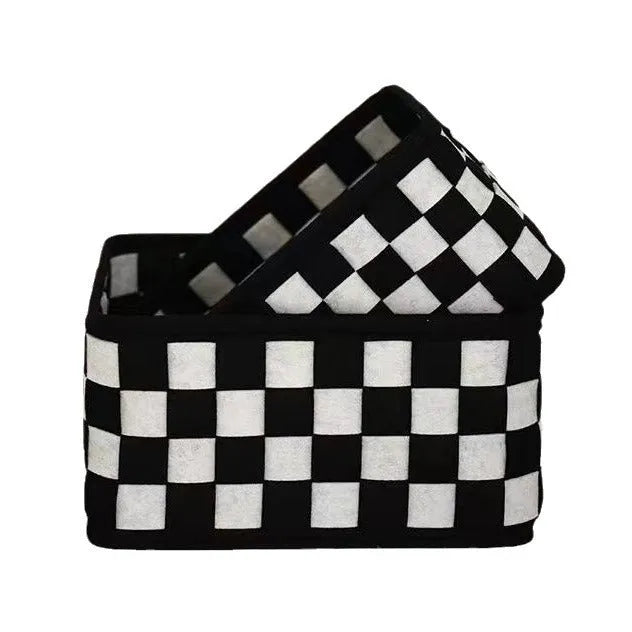 Grey checkerboard woven felt storage box folded flat showing dimensions 37x29x19.5cm