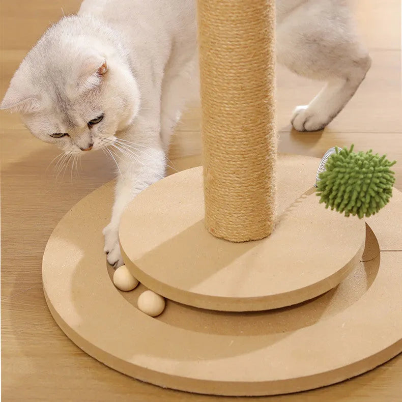 Vertical cat climbing frame with hemp rope posts in Canna colour on a simple density board base.