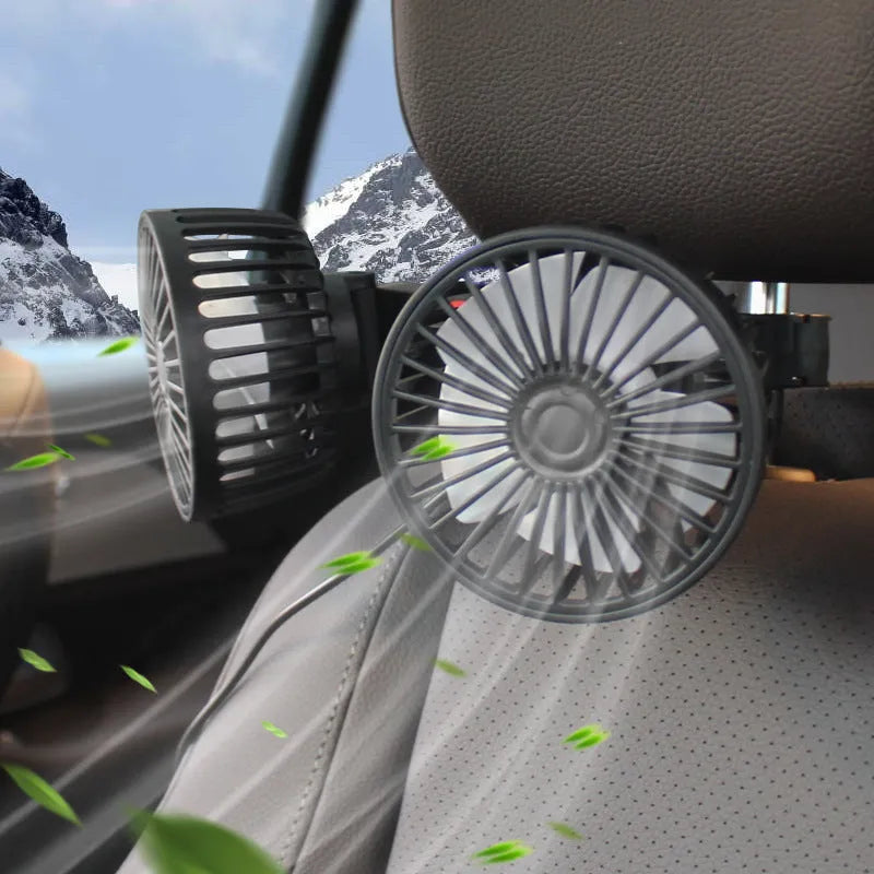 Black car USB rear pillow single head fan with adjustable airflow for vehicle rear seats