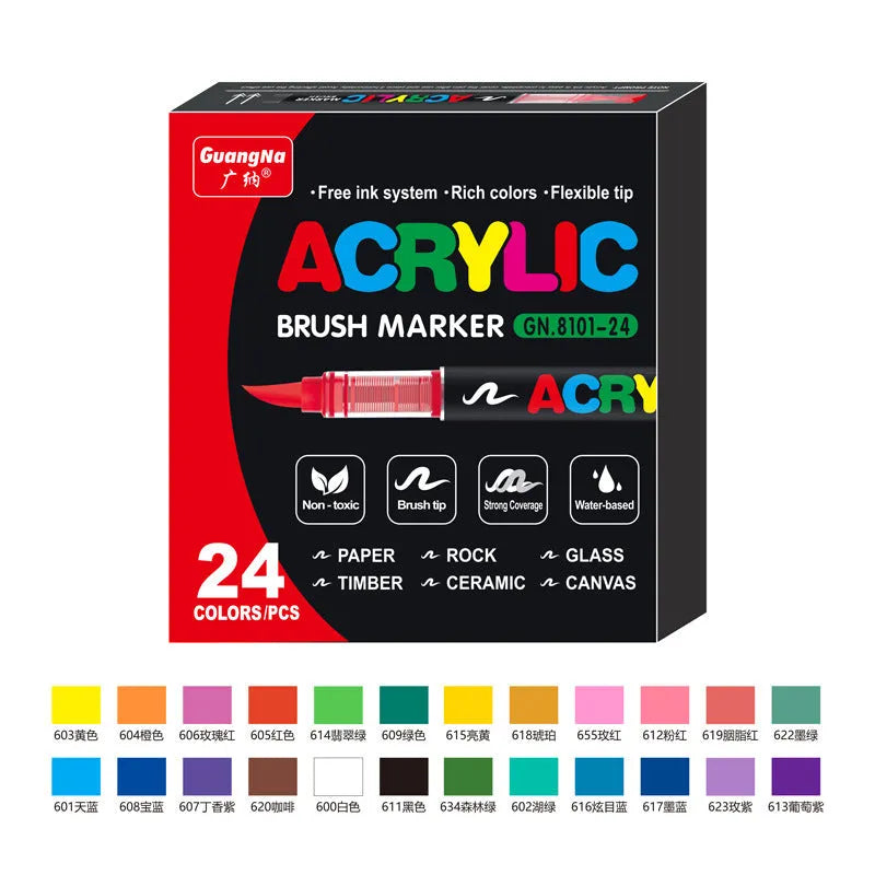 Set of straight liquid acrylic marker pens with soft flexible tips in multiple colour options