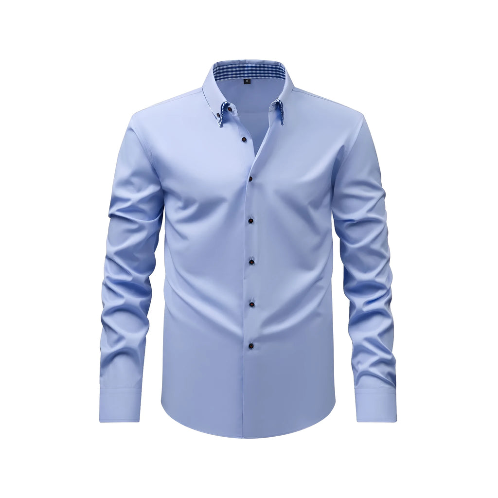 Casual cardigan shirt in solid colour with double collar stitching, three-button placket, and stretch polyester fabric