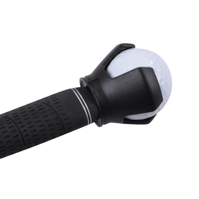 Black golf ball picking device with clip, weighing 60g, showing picking seat design