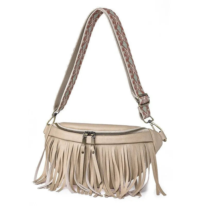 PU leather messenger bag with tassel pleats and retro styling in macaron-gray colour