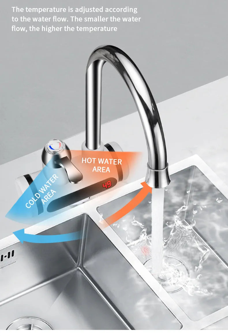 White kitchen electric water heater tap with digital temperature display and control panel