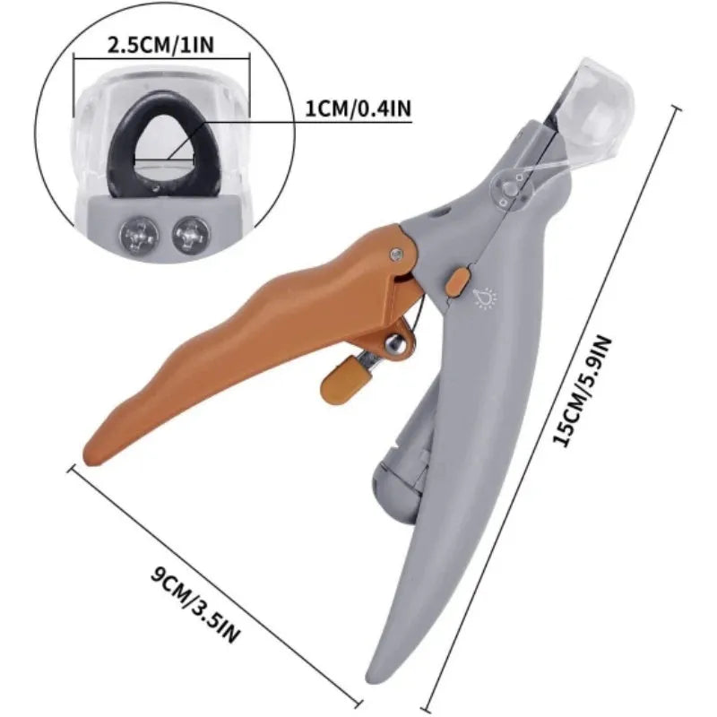 Yellow pet nail clipper with LED light on and magnifying lens visible, showing ergonomic handle design.