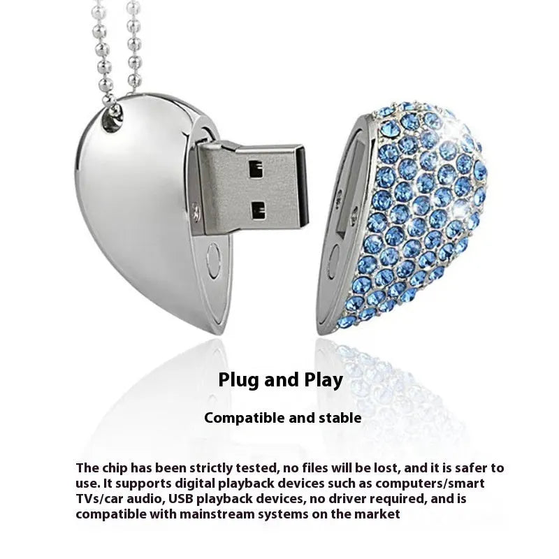 Heart-shaped metal USB flash drive with a brick pattern, showing colour options and USB connector.