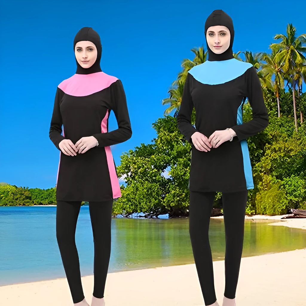 Conservative black women's swimsuit with long sleeves, a hood, and matching pants.