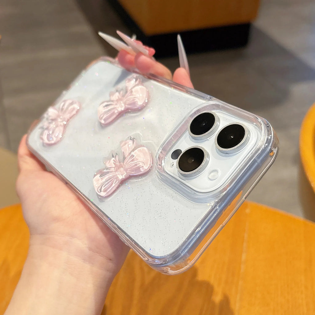 Pink bow knot epoxy transparent phone case with silicone bumper for iPhone