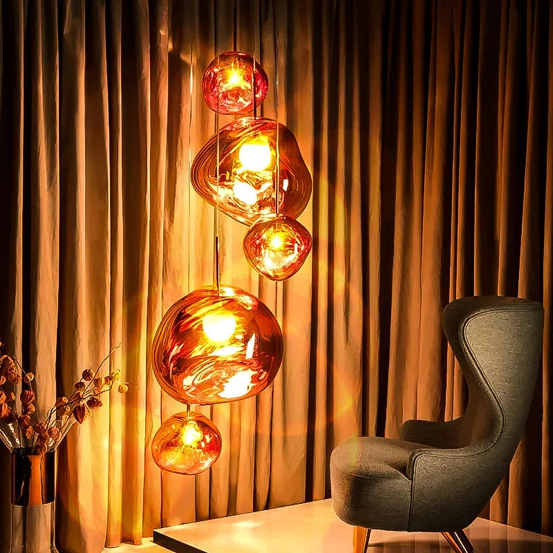 Nordic style irregular glass ceiling chandelier in gold finish, showing E27 bulb socket.