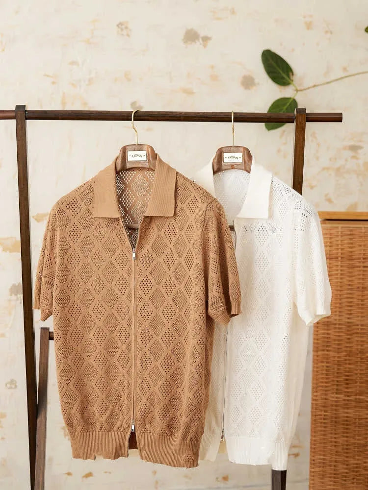 Cotton lapel cardigan top with zip front closure in light brown colour on hanger