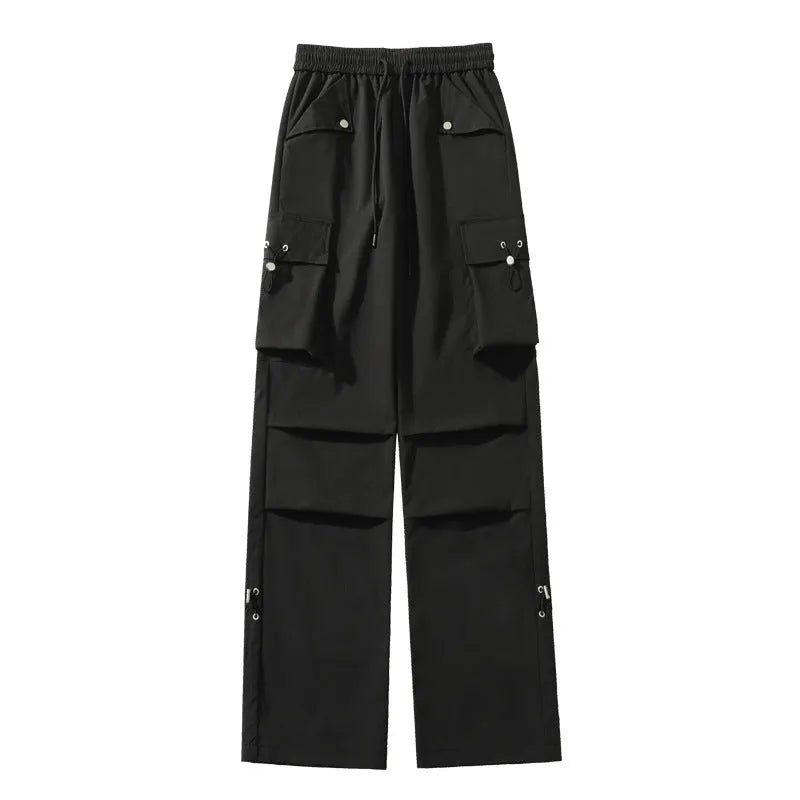 Plus size straight-leg waterproof trousers in black, grey, or white.