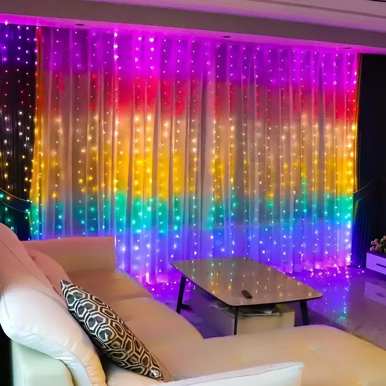 Programmable magic curtain light with 400 LEDs, Bluetooth APP control, and leather wire casing in decorative use