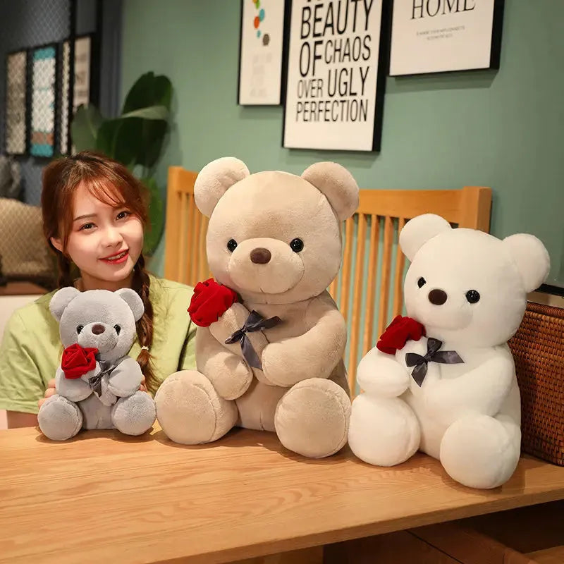Lovely hug roses teddy bear plush pillow stuffed animal doll in brown, beige or grey colours