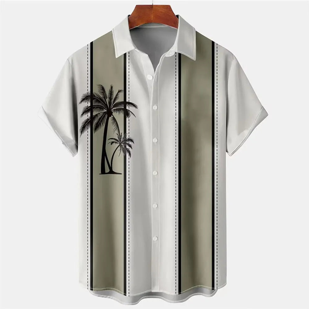 Man wearing a blue and white 3D printed Hawaiian pattern short sleeve cardigan shirt.