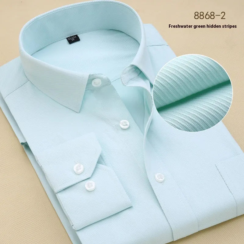 Men's black long sleeve cotton business shirt on a hanger showing slim fit and solid colour