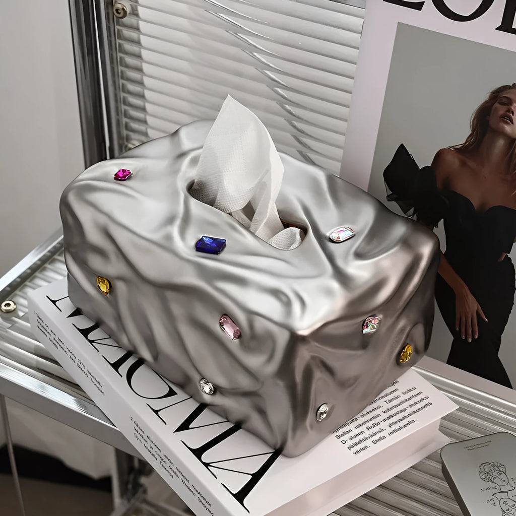 Ceramic tissue box with gem party decoration in matte coconut milk white colour