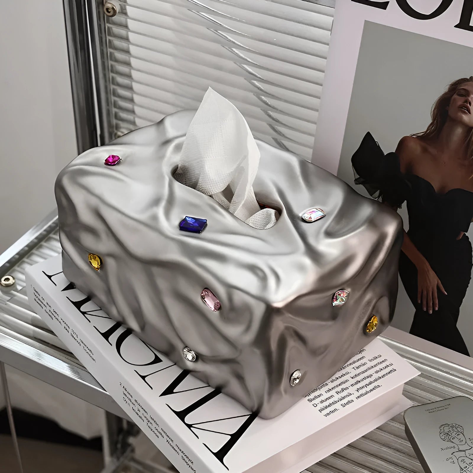 Ceramic tissue box with gem party decoration in matte coconut milk white colour