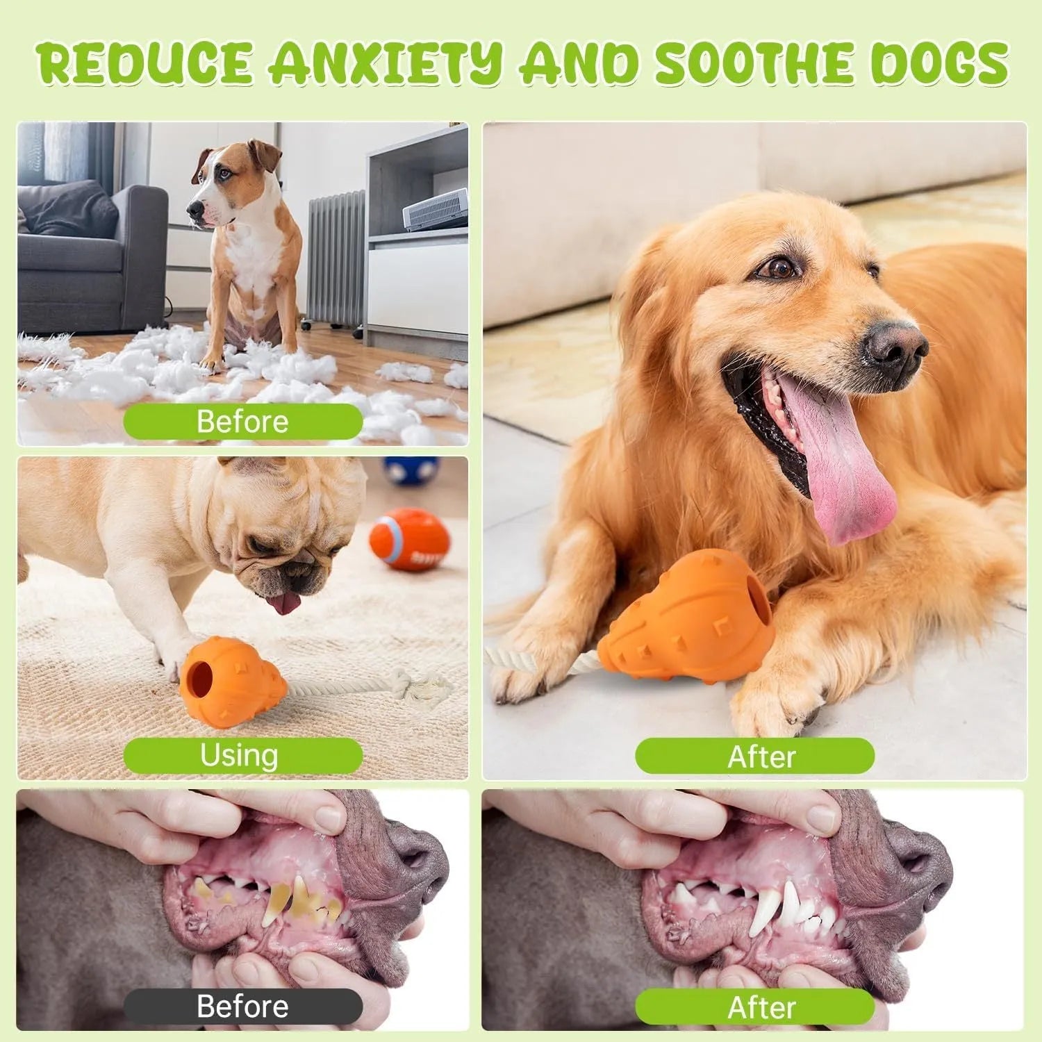 Natural rubber stuffable dog chew toy with a long strap for small to medium dogs.