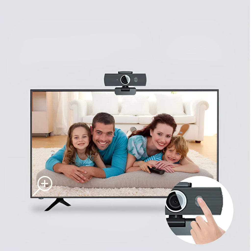 Black 4K USB webcam on a desktop with a magnetic privacy cover next to it