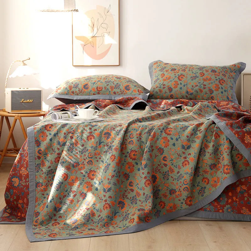 Cotton gauze bed blanket and pillowcase set with plant and flower pattern
