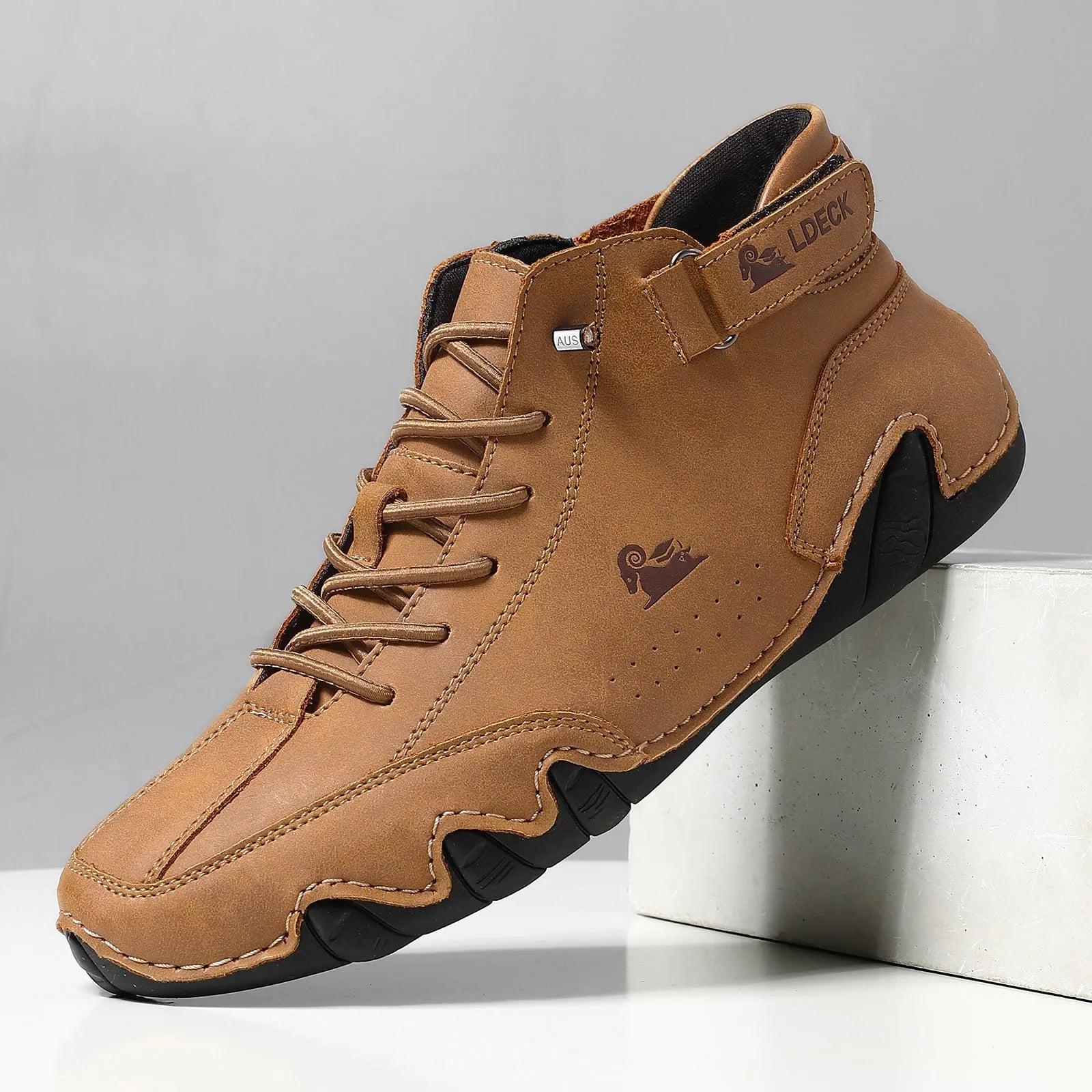 Men's high top octopus shoes in microfiber with rubber sole, available in khaki, grey, black, and green colours