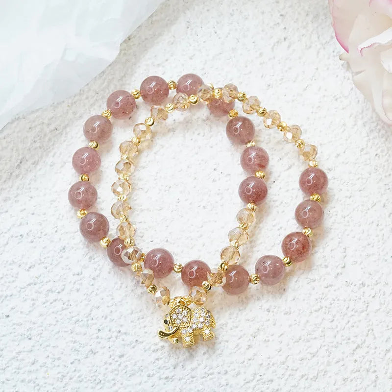 Retro women's crystal hair bracelet with 521 colour hair crystal and strawberry quartz stones