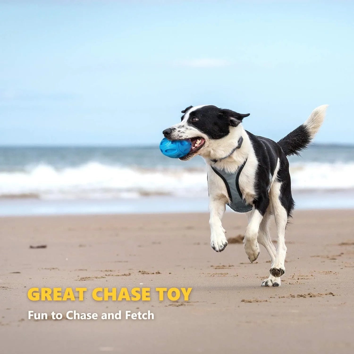 Blue, green, and orange natural rubber squeaky dog ball with textured surface grooves for aggressive chewers.
