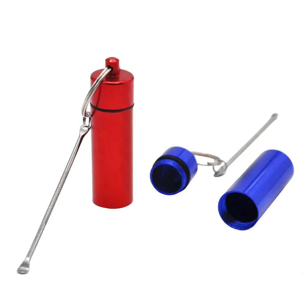 Aluminium portable medicine bottle with spoon and keychain in blue, green, red, gold, and black