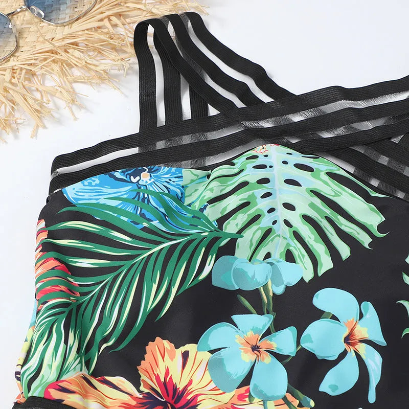 One-piece printed bikini swimsuit in black flower colour with polyester fabric and built-in chest pads