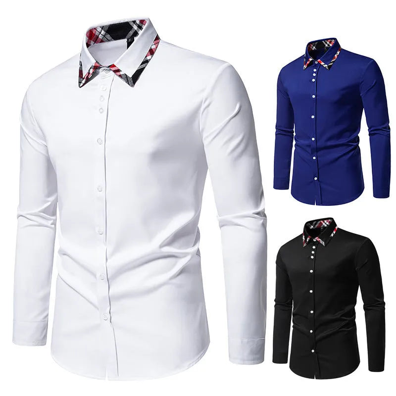 Men's plaid triangle collar long sleeve shirt in chemical fibre blend fabric