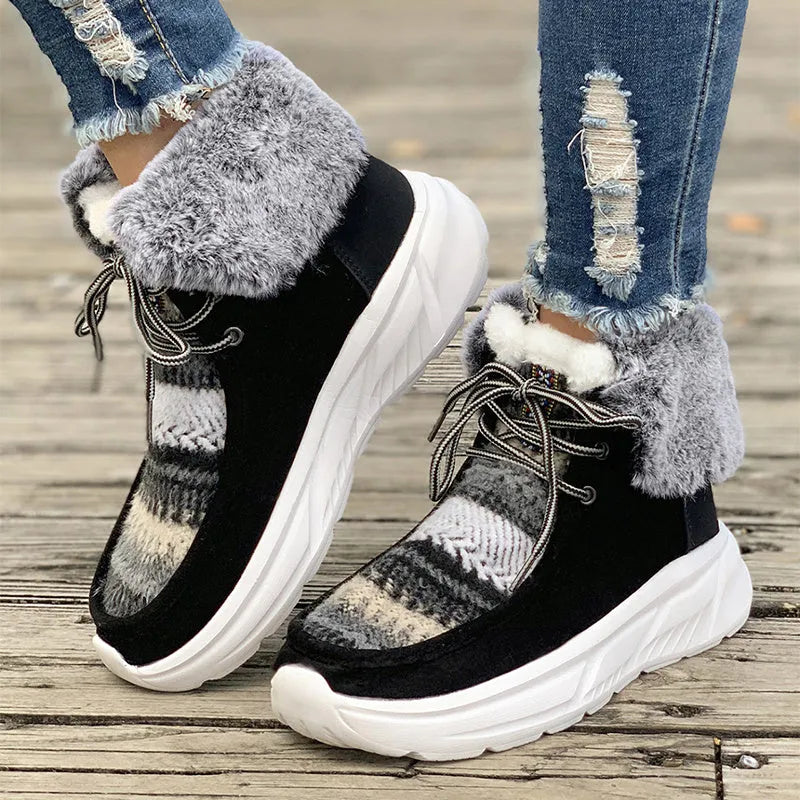 Beige women's lace-up suede snow boots with plush lining and thick rubber sole