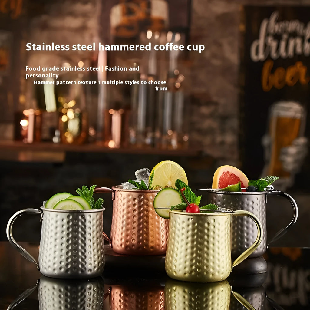 Stainless steel copper plated Moscow Mule cup with hammered texture in rose gold and silver finishes