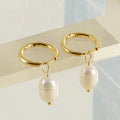 Gold geometric stainless steel earrings with pearl decorative element for women