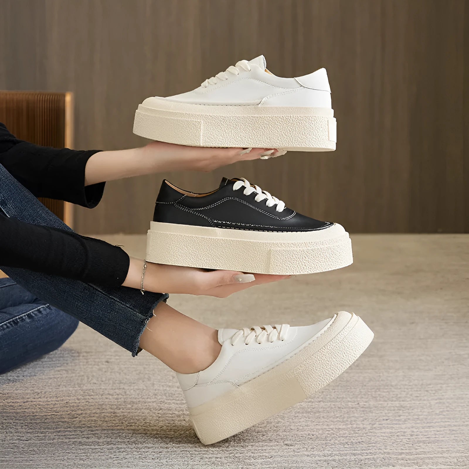 Women's black platform casual shoes with embossed cowhide leather upper and rubber sole