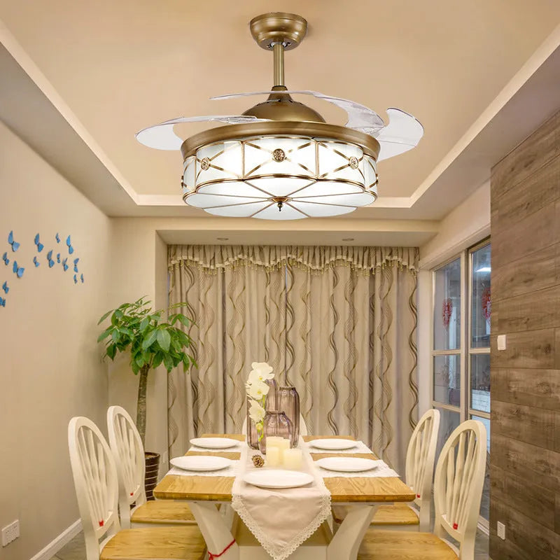 Gold 42 inch ceiling fan light with invisible blades and remote control on a white background
