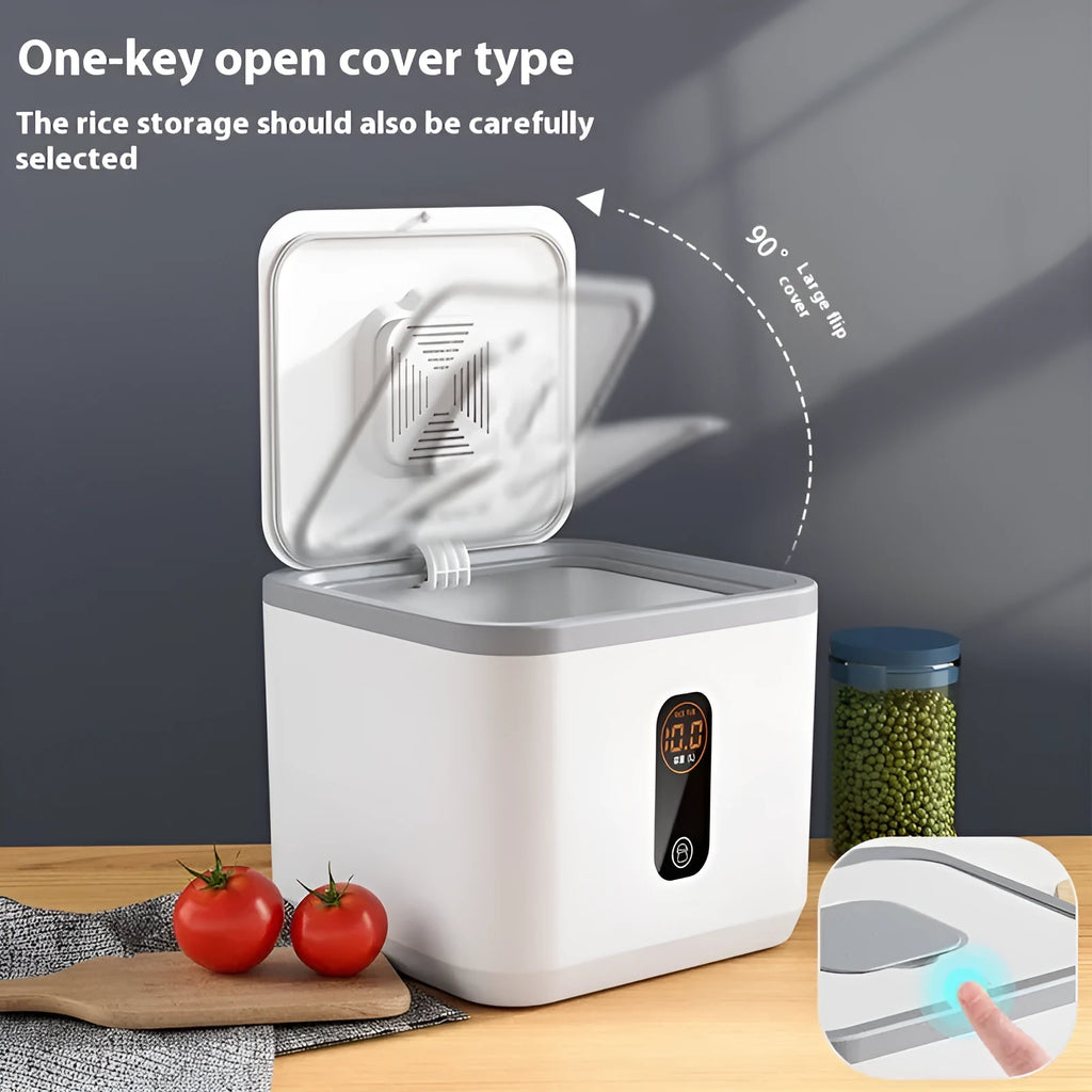 Grey plastic sealed rice storage jar with a lid and a measuring cup, shown in different capacity sizes.