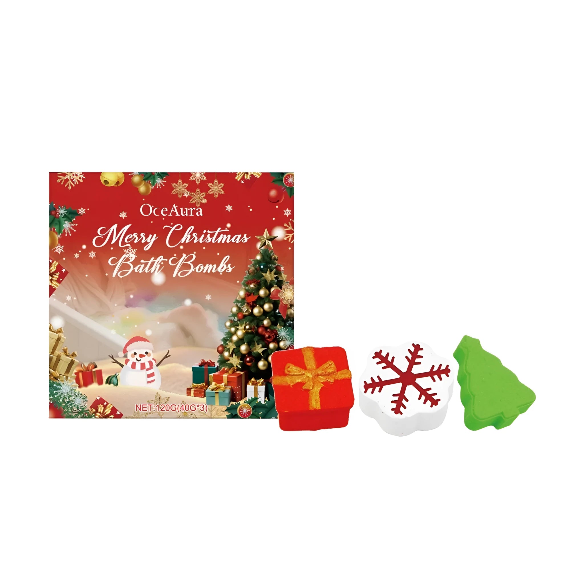 Christmas Bath Bomb Set with gift box, snowflake, and Christmas tree shaped bath bombs on a white background