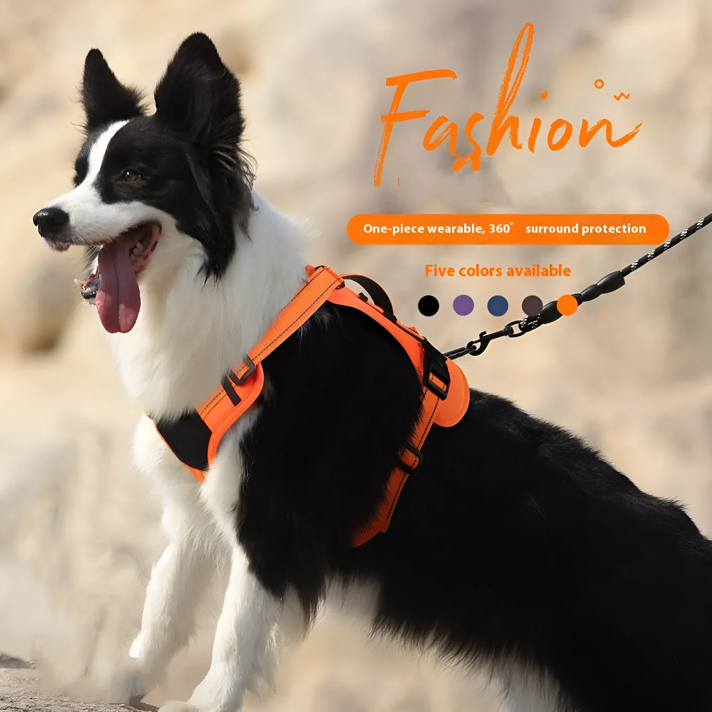 Orange dog harness vest with reflective trim and an attached black hand-holding rope leash.