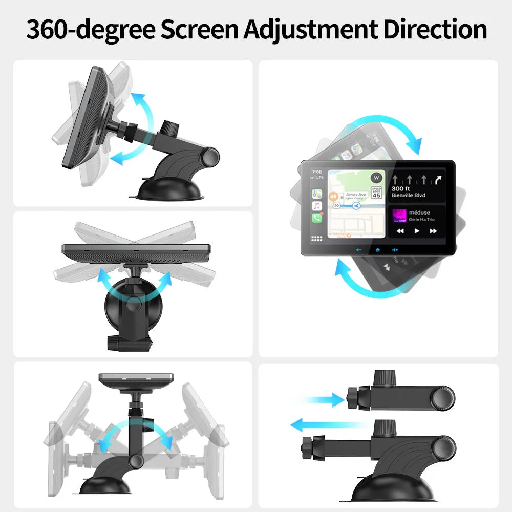 7-inch wireless CarPlay display with suction cup mount and cigarette lighter power adapter