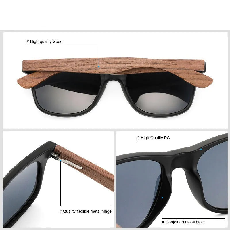 Polarized sunglasses with bamboo and wood frame, Blue Mercury coloured TAC lens, PC frame, in box