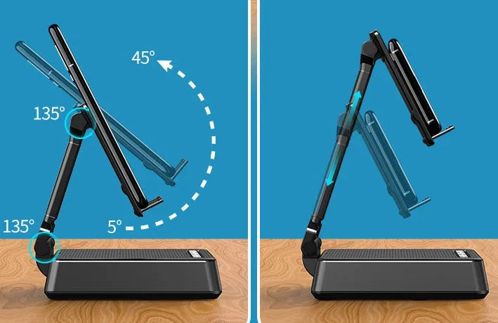 Black mobile phone broadcasting stand with integrated Bluetooth speaker on a desk.