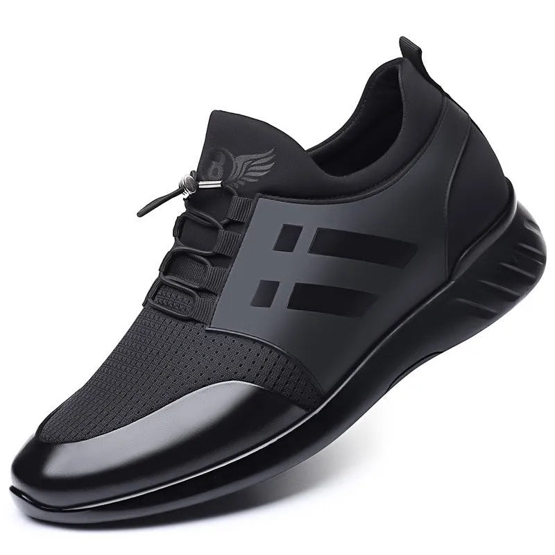 Men's black casual shoes with chunky heel for invisible height increase, shown in leather, Lycra and mesh options.