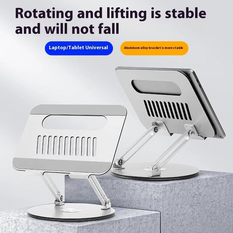 Silver aluminium alloy laptop stand with rotatable lift-up design in folded position