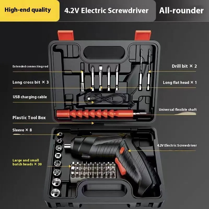 Rechargeable electric screwdriver toolbox 48 piece set with USB lithium battery and dual-purpose convertible handle in compact case