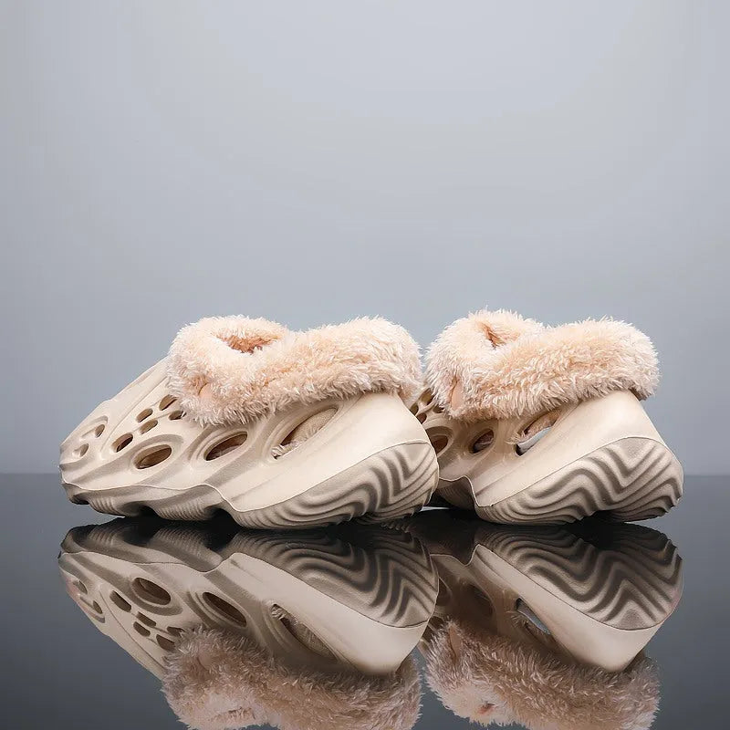 Unisex EVA hole slip slippers in apricot with removable warm plush cover on a light background