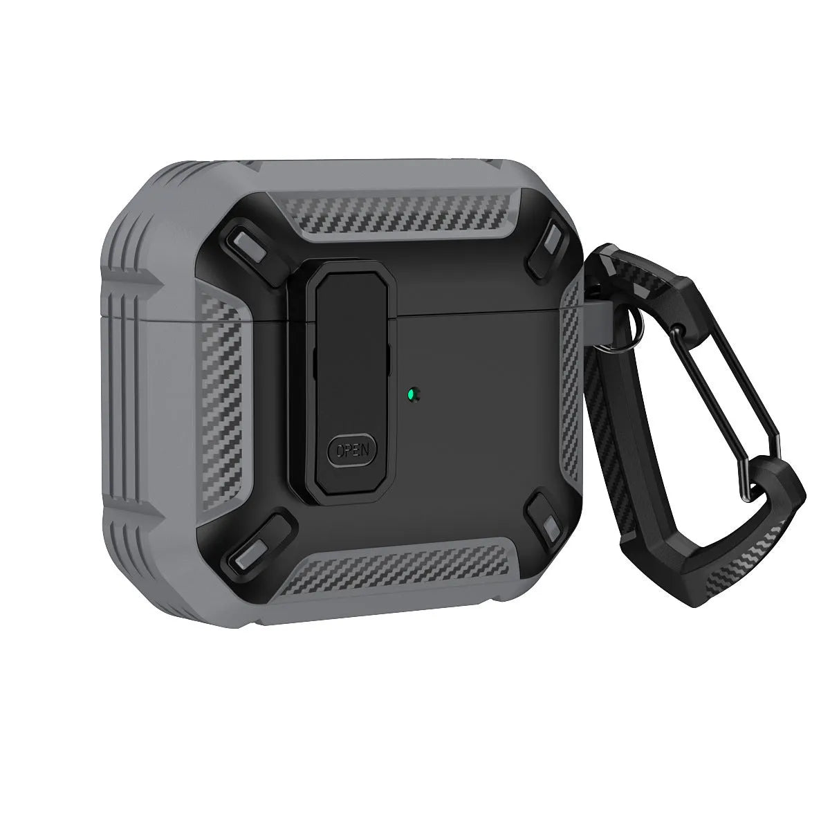 Two-tone plastic clamshell protective case for Apple AirPods with a metal carrying hook attached.