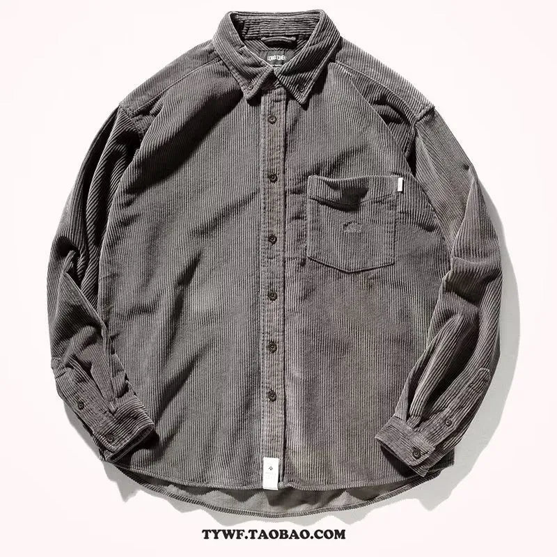 Men's loose fit corduroy cardigan shirt in caramel colour with long sleeves and casual styling