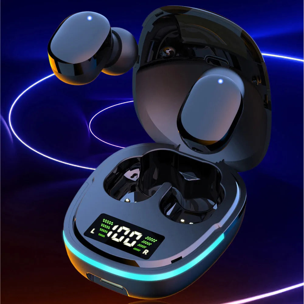 Black true wireless Bluetooth earbuds with charging case showing copper speaker and button controls