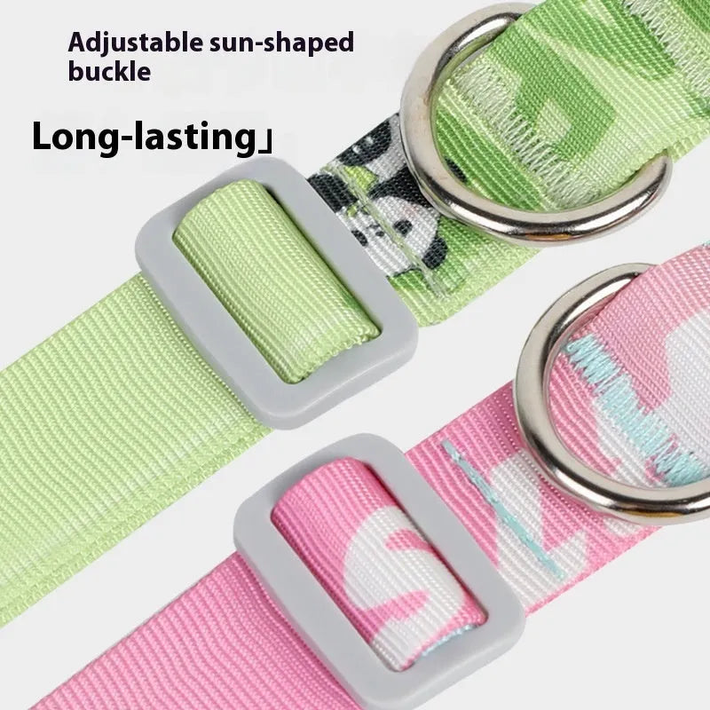 Adjustable nylon dog collar with cartoon gradient printing in Panda Green colour option
