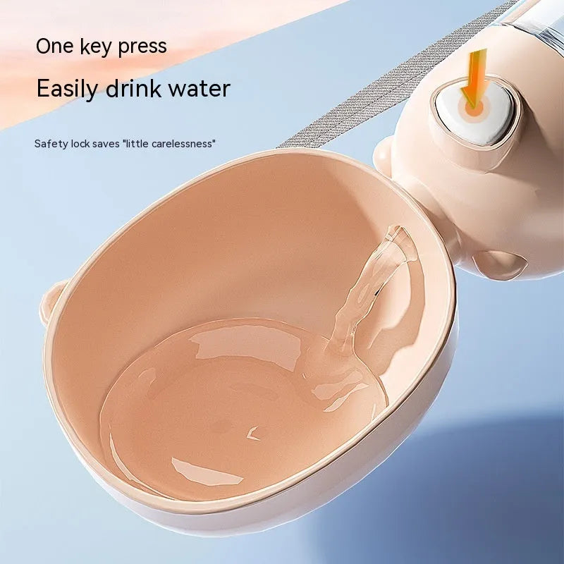 Portable dog water bottle and food container feeder bowl for travel in brown pink yellow colour options